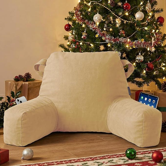 Portable Comfy Reading Pillows for Bed Sitting Up(Camel Oeko-Tex), Velvet Back Pillow with Arms & Pockets for Adults, Support Memory Foam Bed Pillow for Dorm/Reading/Watching/Gaming