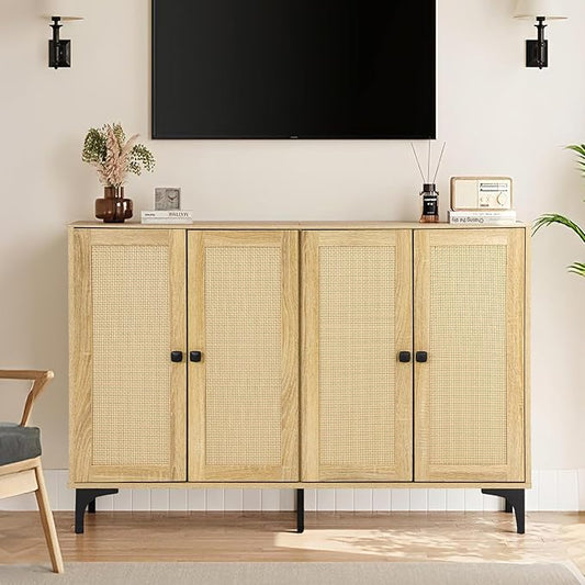 Rattan 2-Door Storage Cabinet Buffet - Boho Small Sideboard with Adjustable Shelves for Pantry Kitchen Entryway, Natural Weave 23.6" W x 15" D x 33.3" H