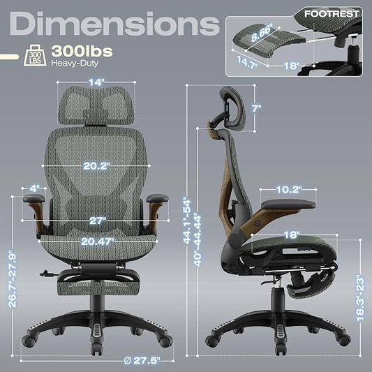 ELABEST X100 Ergonomic Mesh Office Chair with Footrest, Big and Tall Hone Desk Chair with 5D Flip-Up Arms, Adjustable 3D Lumbar Support,Gaming & Executive Computer Chairs for Long Hours