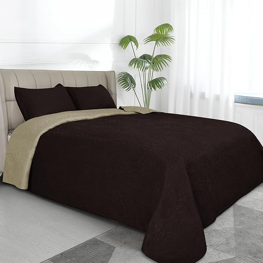 Easy-Going Twin Size Reversible Quilt Set with 1 Quilt and 1 Pillow Sham, Soft Bed Quilt Cover, Water Resistant Lightweight Microfiber Bedspread, Stain Resistant, Damask-Chocolate/Beige