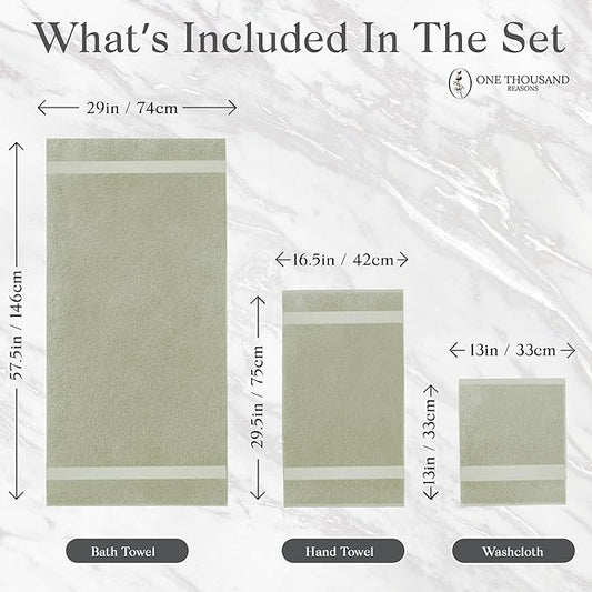 Premium Staple Cotton Bathroom Towel Set - Sage Green 600 GSM 6-Piece Luxury Bath Towel Set 1 Stripe - 2 Bath Towels, 2 Hand Towels & 2 Washclothes Set - High Absorbent & Quick Dry for Gym, Spa, Hotel