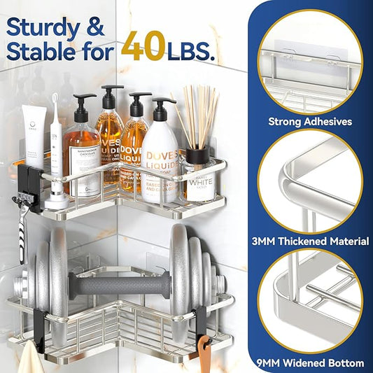 YASONIC Corner Shower Caddy Organizer, 3-Pack Self-Adhesive Rustproof Bath Shelves with Soap Holder & 4 Hooks, Large Capacity Shower Storage Rack for Bathroom Organization, Silver