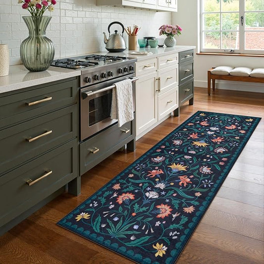 Lahome Boho Floral 2'6"x8' Washable Runners for Hallways, Kitchen Runner Rugs Non Skid Ultra-Thin, Soft Bathroom Rug Throw Carpet Runners for Bedroom Laundry Room (Dark Blue,2'6"x8ft)