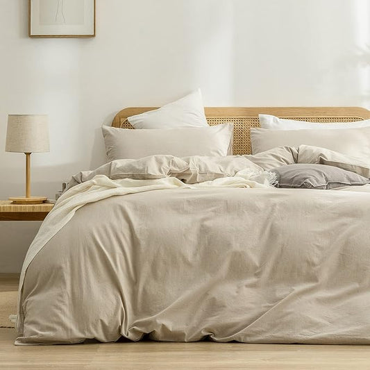 BESTOUCH Duvet Cover Set 100% Washed Cotton Linen Feel Super Soft Comfortable Chic Lightweight 3 PCs Home Bedding Set Solid Almond Milk Grey Oversized Queen