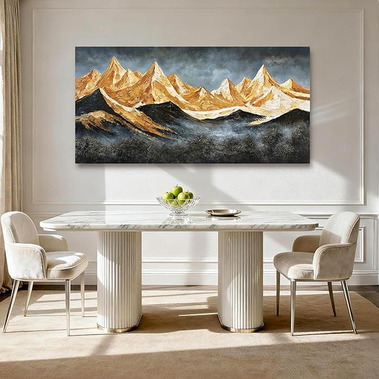 YETHEN WAL Golden Peaks Mountain Wall Art – Large Textured Landscape Canvas Print, Gold & Slate Mountain Scenery for Living Room or Bedroom, Horizontal 24×48 Inch
