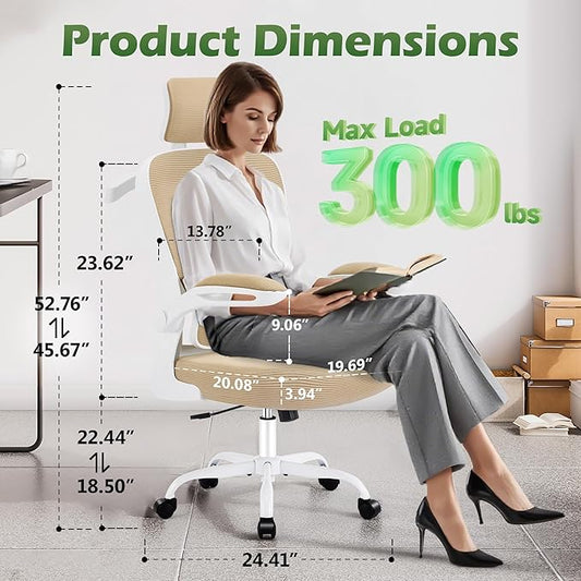 Office Chair Ergonomic Desk Chairs with Adjustable Lumbar Support& Headrest Hanger, High Back Breathable Mesh Chair with Wheels, Rolling Swivel Comfy Task Computer Chair for Home Work Gaming