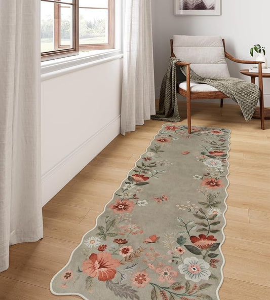 Lahome Floral Kitchen Runner, 2X6 Washable Runner Rug Non-Slip, Ultra-Thin Soft Hallway Rug Stain Resistant Boho Carpet for Bedroom Laundry Bathroom, Brown
