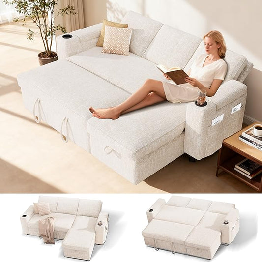 Sunny Heart L-Shaped Sleeper Sofa with Pull Out Bed, 82" Sectional Couch with Reclining Backrest, Reversible Storage Chaise, Armrest Storage, Cup Holders, Side Pockets, Tool-Free Assembly, Beige