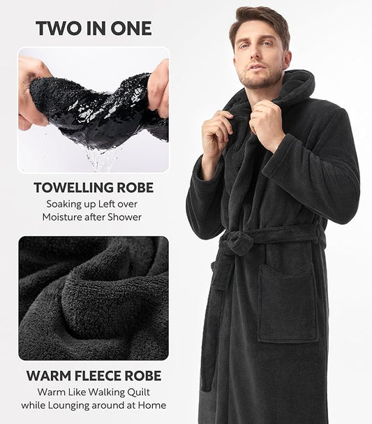 DAVID ARCHY Men's Hooded Robe Soft Coral Fleece Microfiber Bathrobe