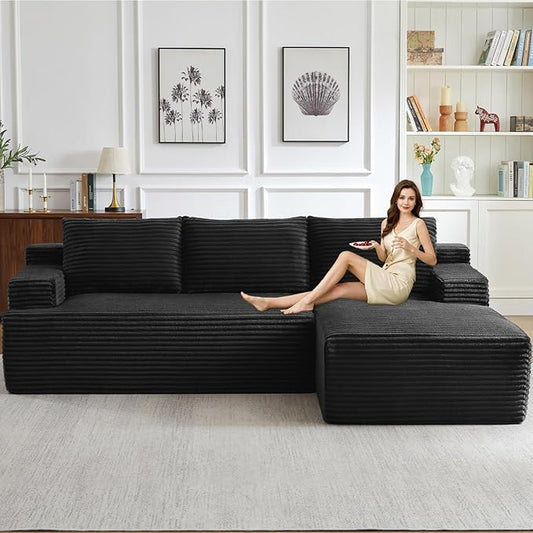 96" Modular Sectional Sofa Couches L-Shape Couch 3 Seat Modular Sofa Corduroy Memory Foam Sectional Boneless Couches for Living Room, Cloud Couch with Oversized Chaise(Dark Black, Right Facing)