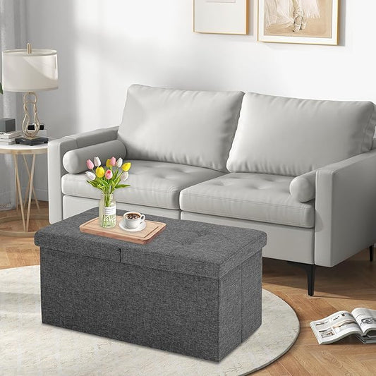 CAROLMADE 30 Inches Storage Ottoman Bench with Flipping Lid, Linen Foldable Storage Footrest, Ottoman with Storage for Living Room Holds up to 330lbs, Dark Grey