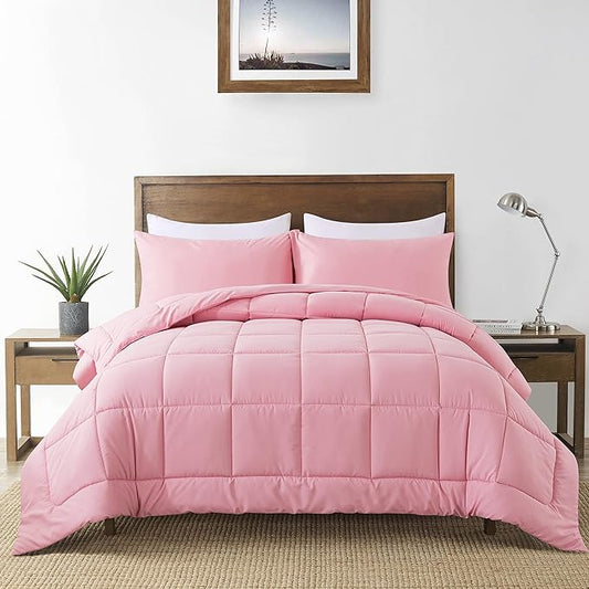 DOWNCOOL King Size Comforter Set -All Season Bedding Comforters Sets with 2 Pillow Cases -3 Pieces Bed Set Down Alternative King Bedding Set -Pink King Comforter Set(102"x90")