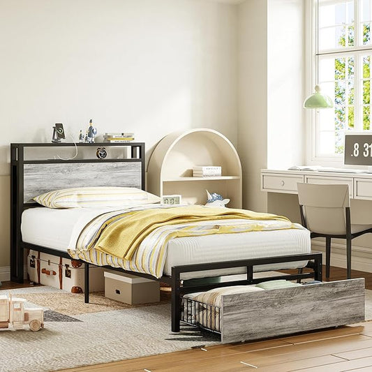 LIKIMIO Twin XL Bed Frames with Drawer, Storage Headboard with Outlets, No Box Spring Needed, Easy Assembly, Industrial Gray