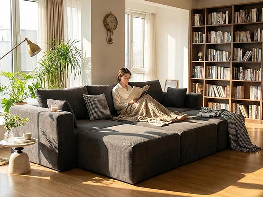 Furnimart 112" Oversized Modular Sectional Sleeper Sofa with 3 Ottoman, Boneless Cloud Couch Bed 3 Seater with Chaise for Living Room, Modern Convertible Sleeper Couch, No Assembly, Corduroy Dark Grey