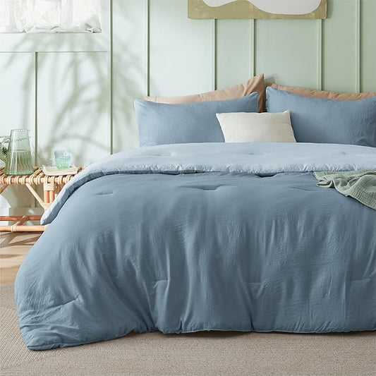 Bedsure Full Size Comforter Set, Reversible Blue Soft Prewashed Bedding for All Seasons, 3 Pieces Warm Down Alternative Bed Set, 1 Lightweight Comforter (82"x86") and 2 Pillowcases (20"x26")