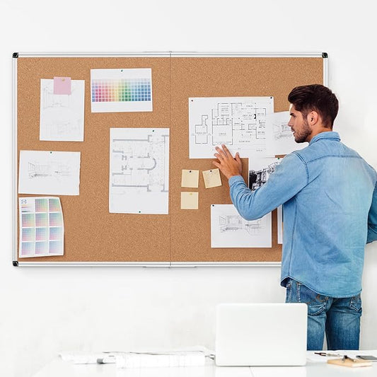Board2by Extra Large Cork Bulletin Board 60" X 36", Foldable Notice Pin Board for Wall, Silver Aluminum Framed 5'x3' Corkboard, Wall Mounted Noticeboard with 36 Push Pins for School, Home & Office