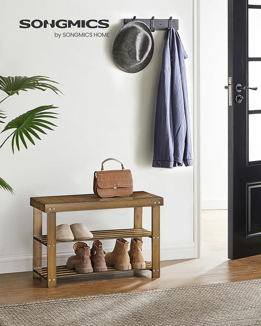 SONGMICS Shoe Rack Bench, 3-Tier Bamboo Shoe Storage Organizer, Entryway Bench, Holds Up to 286 lb, 11.3 x 27.6 x 17.8 Inches, for Entryway Bathroom Bedroom, Yellow Brown ULBS04WL