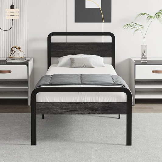 14 Inch Twin Size Bed Frames with Wooden Headboard and Footboard, Rustic Black Wood Bed Frame Twin No Box Spring Needed, Heavy Duty Mattress Foundation, Easy Assembly