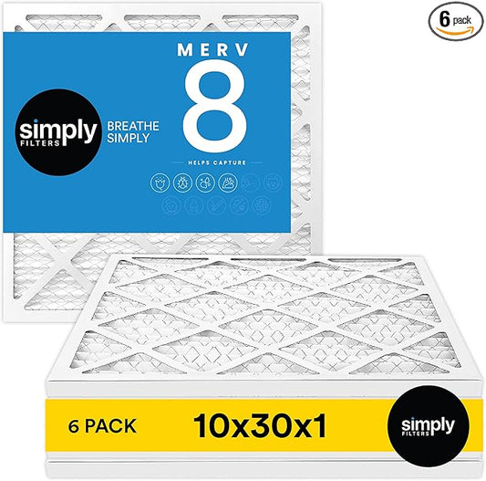 Simply 10x30x1 Air Filter, Merv 8, 6 Pack, For Home AC Furnace & HVAC (Actual Size: 9.75"x29.75"x0.75") DUST, Pet, & Allergy Control
