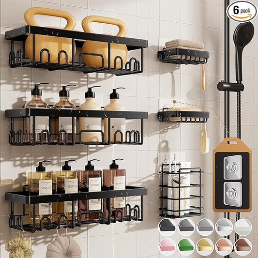 Veken Shower Caddy 6-Pack,Advanced Rustproof Design, No Drilling Adhesive Shelves, Rack with Soap Holder, Large Capacity Bathroom Organizers and Storage, Wall-Mounted Kitchen & Home Decor