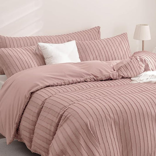 JELLYMONI Duvet Cover Full Size Smokey Pink - 3PCS Boho Striped Duvet Cover Set Polyester Tufted Bohemian Textured Comforter Cover 80×90in with Corner Ties & Zipper and 2 Pillowcases