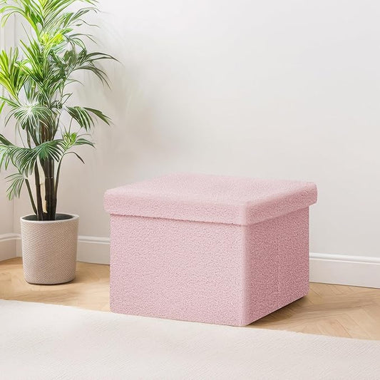 PINPLUS Sherpa Storage Ottoman Footrest Stool - Plush Foldable Cube with Hidden Compartment, Multi-Functional Furniture for Living Room, Bedroom, Office - Pink, 16.5”L x 12.6”W x 12.6”H