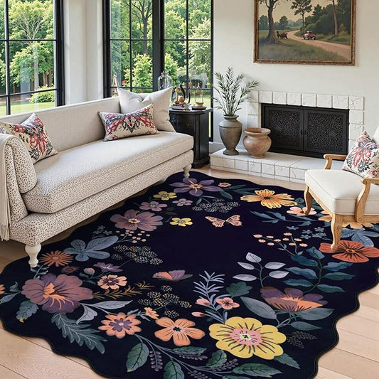 Lahome Floral Washable Rugs for Living Room, 5x7 Area Rugs Ultra-Thin Soft Rug, Non-Slip Bedroom Rug Stain Resistant Lightweight Boho Low-Pile Throw Carpet for Dining Room Office (5x7ft,Purple)