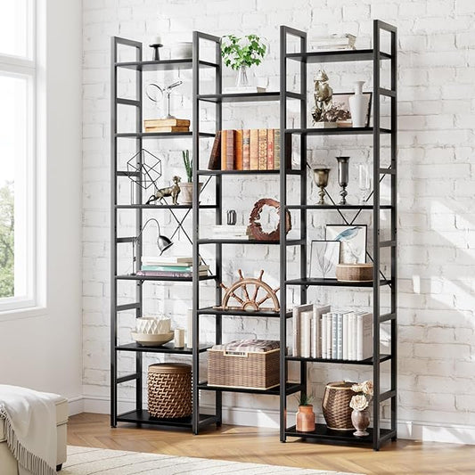 NUMENN 6-Tier Bookshelf Triple Column Bookcase with 17 Adjustable Open Display Shelves, Modern Book Shelves,Rustic Industrial Style Bookshelves for Bedroom, Living Room and Home Office, Black