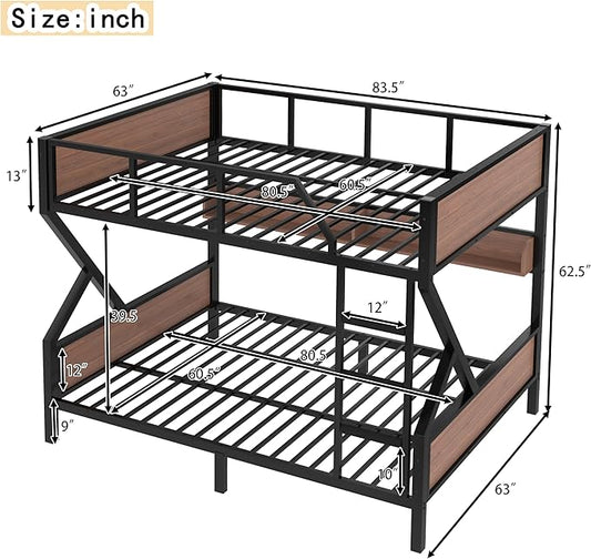 Queen over Queen Bunk Bed with Storage Shelves, Metal Bunk Beds with Ladders and LED Lights, Heavy-duty Bunkbed for Bedrooms, Guest Rooms and Dorms, No Box Spring Needed and Noise-free Design, Black