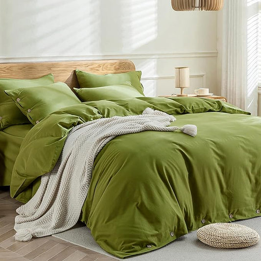 JELLYMONI Christmas Duvet Cover King Size - Avocado Green Comforter Cover with Button 100% Washed Cotton 3PCS Breathable Soft Solid Bedding Set Duvet Cover 104×90in & 2 Pillowcases (NO Comforter)