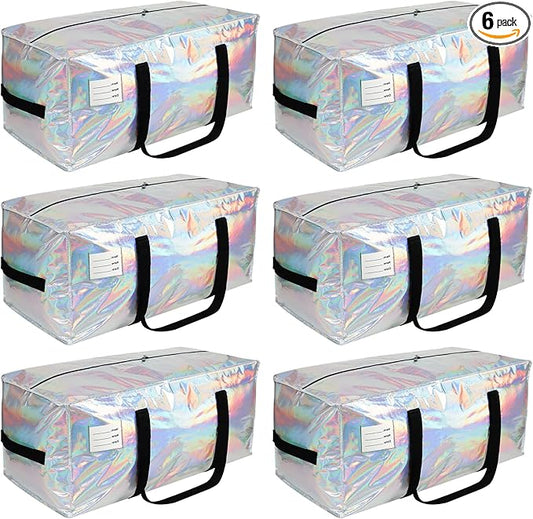 6 Pack Extra Heavy Duty Large Moving Bags with Comfortable Handle & Strong Zipper,Storage Totes for Space Saving Moving Storage College Supplies Alternative to Moving Box,Iridescent