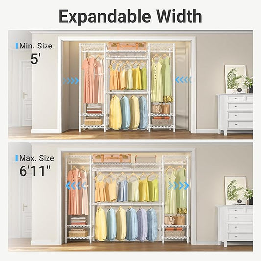 VIPEK X30 Expandable Clothes Rack Adjustable from 5' to 6'11", 950lbs Capacity Heavy Duty Portable Closet with 4 Hanger Rods & 7 Wire Shelves, Metal Wardrobe System for Reach-in Closet, White