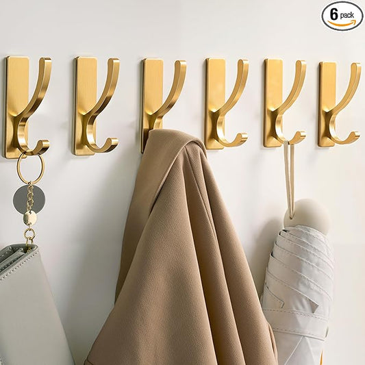 pickpiff Adhesive Wall Hooks for Towels - Sticky Hook Hanging Heavy Duty (13lb), Hanger for Door, Bathroom, Dorm, Closet - for Coats, Purse, Bag, Robe - No Damage to Wall - Brushed Gold 6 Pack