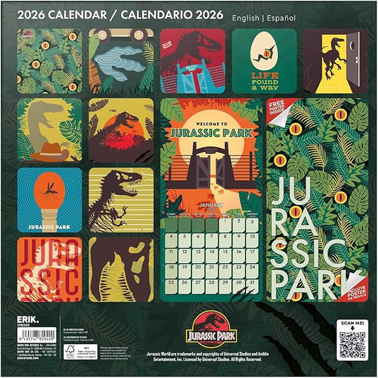 Jurassic Park Wall Calendar 2026 12" x 12" FSC® Plastic Free - Starts Week On Sunday | Family Planner Dinosaur Calendar 2026 | Jurassic World