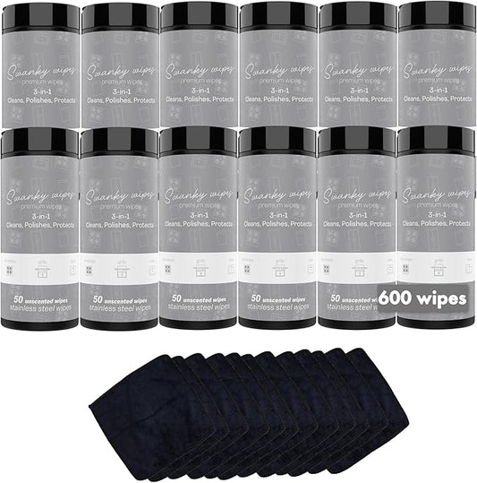 Swanky Stainless Steel Cleaner Wipes - Grime & Grease Remover Kitchen Cleaning Supplies - Clean & Shine, For Stove Top, Refrigerator, Sink, Oven, & Household Appliances - Canister, 600 Count