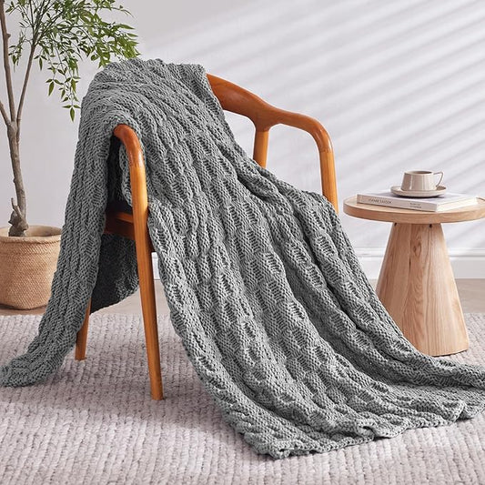 Knitted Weighted Blanket for Adult, No Beads Heavy Blanket 60” x 80'' 15lbs, Breathable Chunky Knit Blanket, Cooling Weighted Blanket for Hot Sleepers, Christmas Home Decor (Light Grey)