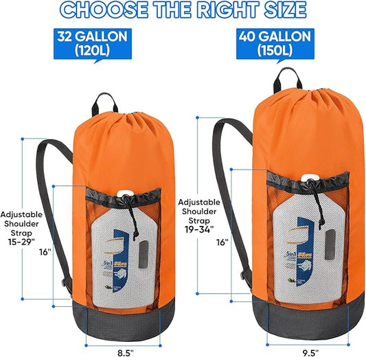 BALEINE 120L Laundry Bag Backpack, 900D Oxford Fabric Large Travel Laundry Bags with Shoulder Straps and 2 Mesh Pockets for College Dorm, Apartment, Laundromat (Orange, 120L)