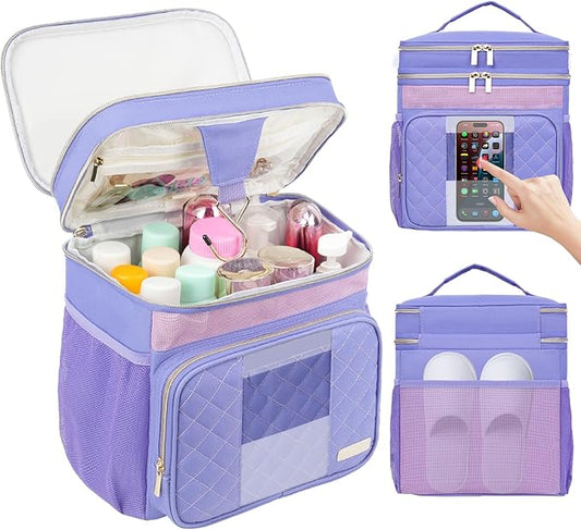 Portable Shower Caddy College, Quickly Dry Tolietry Mesh Tote Bag for Dorm Room Essentials, Hanging Bathroom Organizer Bag for Travel, Gym, Camping (Purple)