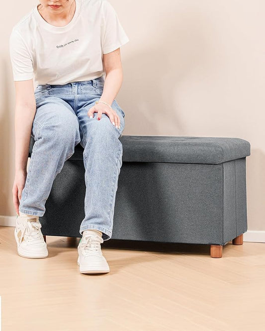 B FSOBEIIALEO Storage Ottoman with Tray, Foot Stools and Ottomans with Legs, Storage Cube Seat Linen Grey 30"
