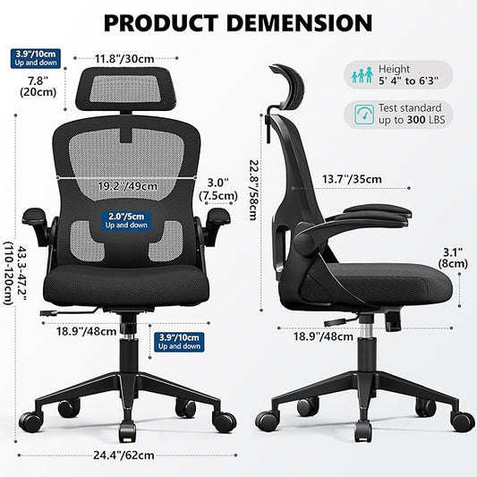 Ergonomic Office Chair - High Back Mesh Computer Desk Chair with Adjustable Lumbar Support & Headrest, Flip-Up Armrests, Tilt Function - Perfect for Gaming, Work, and Study -Black