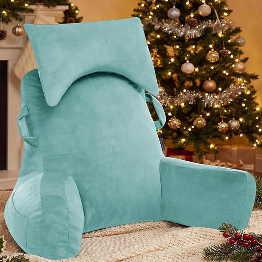 Portable Reading Pillows with Headrest for Bed Sitting Up(Lake Blue Oeko-Tex), Velvet Back Pillow with Arms & Pockets for Adults, Support Memory Foam Bed Pillow for Dorm/Watching/Gaming