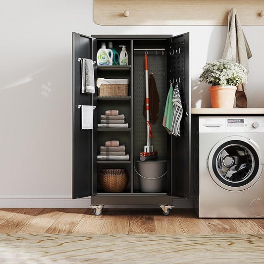 SUXXAN Broom Closet Storage Cabinet with Wheels 61.6"x 27.5"x11.7", Metal Cleaning Cabinets with Hooks and Hanging Rods, Lockable Cabinet with Pegboard, Adjustable Shelf,for Garage, Laundry Room