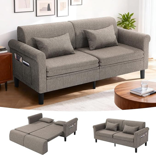 SEJOV 74" Convertible Sofa Bed, 5-in-1 Loveseat Sleeper Sofas with Pull Out Couch Bed, Storage Pockets & 2 Pillows, Modern Folding Linen Futon Couch for Living Room, Bedroom, Small Space, Brown