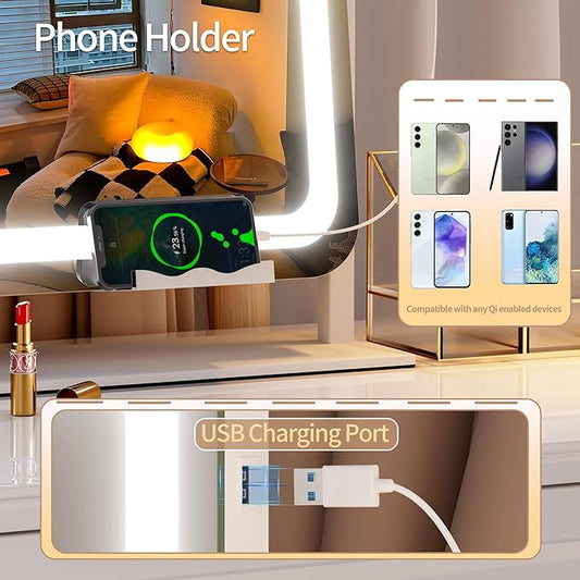 Hasipu Vanity Mirror with Lights, 40" x 29" LED Makeup Mirror, Light up Mirror with 10X Magnification and Phone Holder, USB Charging Port, Smart Touch 3 Colors Dimmable (White)