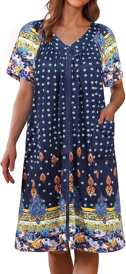Ekouaer Women Robe Zipper Front Mumu Duster Robes Zip Up Housecoat Soft Sleepwear with Pockets
