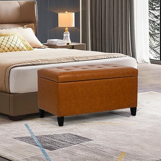 Joveco Storage Ottoman Bench, 33 Inches Faux Leather Rectangle Tufted Foot Stool for End Foot of Bed, Bedroom, Living Room, Cognac Brown