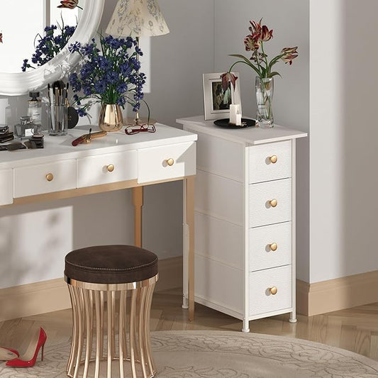GiftGo Narrow Dresser Cabinet Vertical Slim Dresser Chest of Drawers Skinny Storage Tower for Small Spaces Gaps Closet Bedroom Bathroom Small Fabric Drawer Unit (White, 4 Drawers)