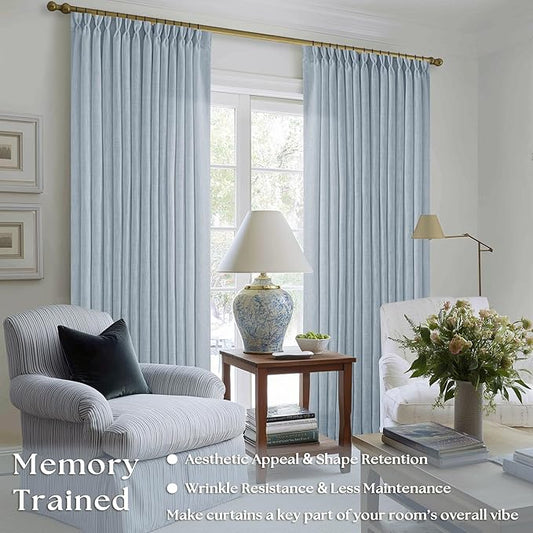 Dusty Blue Pleated Linen Curtains 96 Inches Long for Living Room 2 Panel Set Semi Sheer Light Filtering Pinch Pleat with Rings Hooks Drapes Boho Farmhouse Light Blue Grey Curtain Bedroom Window