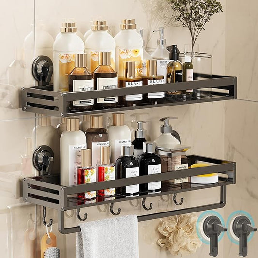 Shower Caddy Suction Cup, 15.8 inch 2 Pack Suction Shower Shelf with Hooks NO-Drilling Bathroom Holder, Rustproof Bathroom Organizer, Includes 2 Extra Suction Cups, Dark Grey