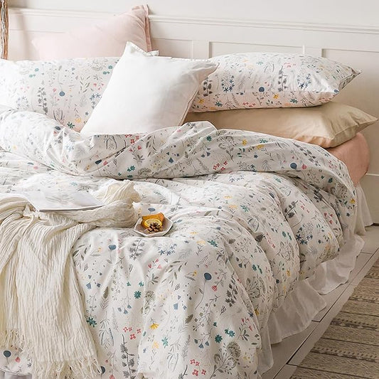 HighBuy Floral Duvet Cover King 100% Cotton Bedding Set King Girls Cottagecore Bedding 3 Piece Comforter Cover King Ultra Soft Garden Floral Duvet Cover King with Zipper Closure,4 Corner Ties